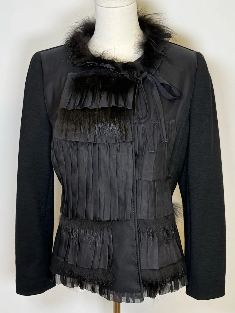 Rare! Vintage Elie TAHARI Silk & Wool Jacket Fox Fur Trim Women’s Size Medium